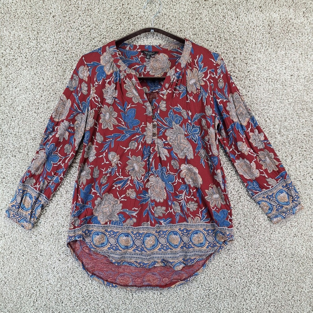 Lucky Brand Top Womens Small Floral Henley Boho Peasant Blouse Boho Peasant